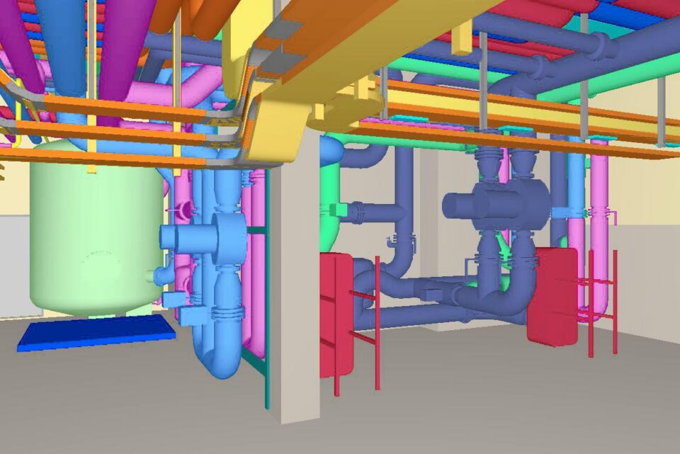 Farbiges 3D-Modell der Gebäudetechnik mit Leitungen, Kanälen und Apparaten