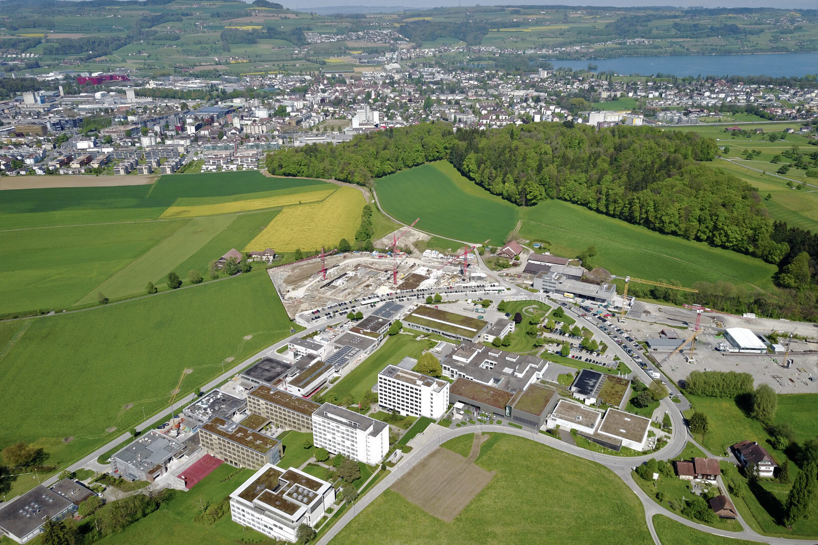 Luftbild des Campus Sursee mit Gebäuden, Sportanlagen und umliegenden Feldern