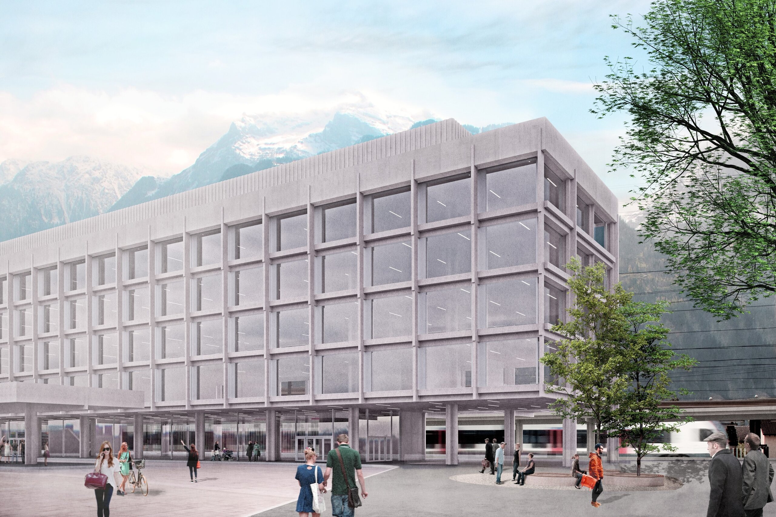 Visualisierung des Neubaus der Urner Kantonalbank mit Vorplatz, Bäumen und Bergkulisse